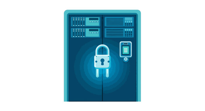 Cybersecurity and Data Protection Concept Illustration with Secure Server Rack and Padlock Symbol