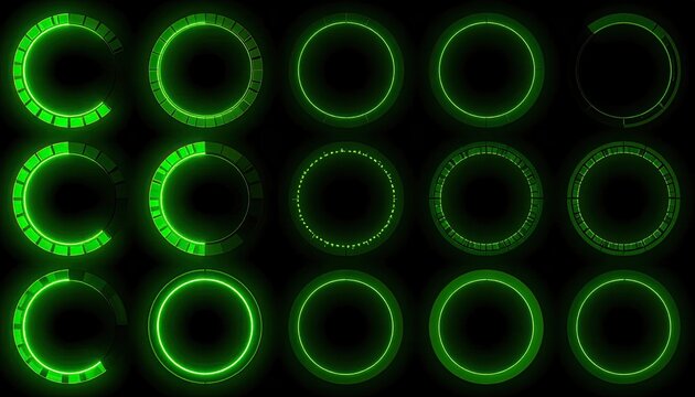 Collection of futuristic green HUD circle elements for sci-fi interface design.
