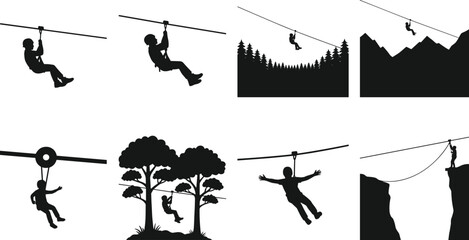 Zip Line Adventure Silhouette Icons Collection with Outdoor Cable Ride and Adventure Park Vector Set © Fahim's World