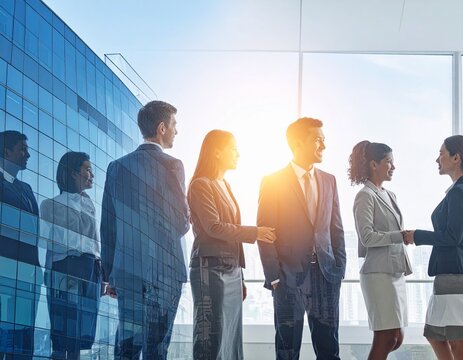 Double exposure image of many business people conference group meeting on city office building in background showing partnership success of business deal. Concept of teamwork, trust and agreement.