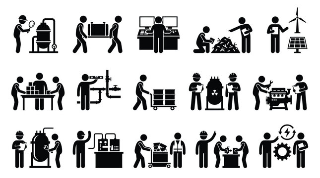 Set of industrial workers and factory employees performing various tasks, including maintenance, quality control, logistics, and energy management