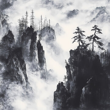 Misty Mountain Landscape Painting