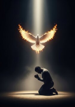 Spiritual Man Praying Under a Divine Dove with Flaming Wings in a Beam of Light, Symbolizing Faith and Hope