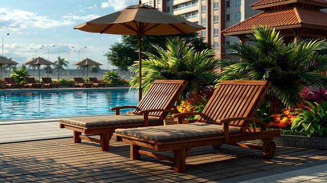 Two empty wooden lounge chairs beside a blue swimming pool with an umbrella and tropical plants during daytime