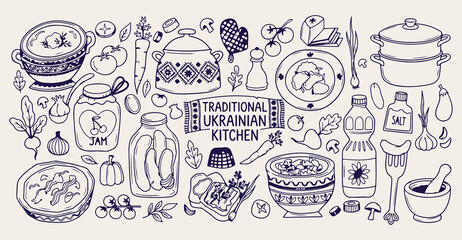 Traditional Ukrainian kitchen doodle background, ethnic food line art pattern, cultural cooking sketch illustration, local restaurant seamless texture, ceramic pottery icon set, native recipe elements © Geetaroy