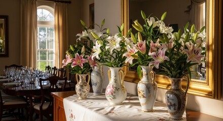 Fototapeta premium Ornate Vases Displaying Elegant Lilies on a Table