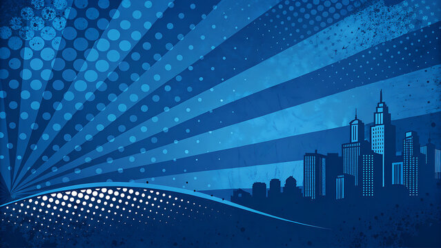 Blue pop art city skyline silhouette with sunburst pattern