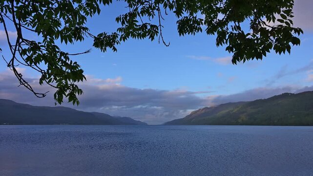 See mit blauem Himmel und Zweigen im Vordergrund, umgeben von Bergen, Fort Augustus, Loch Ness, Schottland, Vereinigtes K&ouml;nigreich, Gro&szlig;britannien