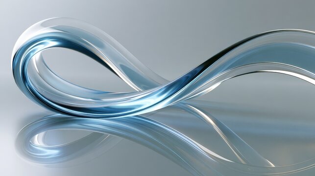 Abstract glass wave sculpture with luminous blue reflections on a surface