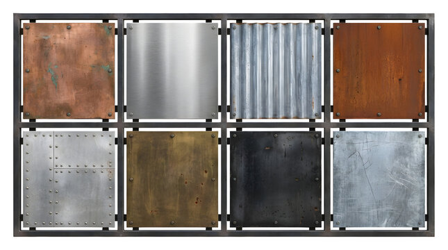 Industrial metal texture collection with 8 panels, weathered steel and copper plate set, rustic metallic surface samples for architectural design