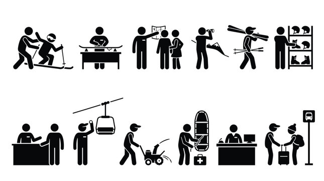 Ski resort staff and services icons set, including ski instructor, equipment rental, lift operator, mountain guide, snow blower, first aid, and shuttle bus service