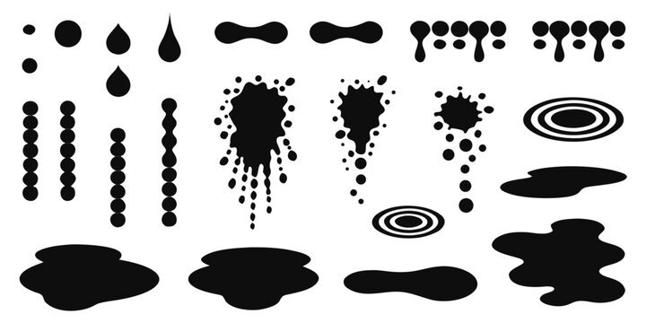 Set of black water drop and liquid puddle shapes in vector design