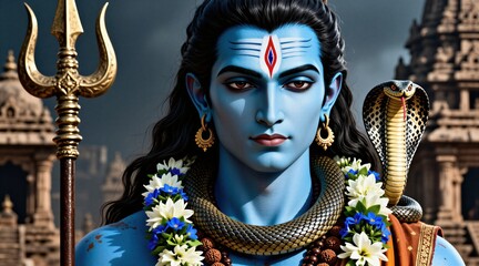 Obraz premium Hindu god Shiva with blue skin, third eye mark on forehead. Male deity holds golden trident, cobra snake around neck. Traditional mala beads, floral garland adorn shoulders. Portrait against ancient