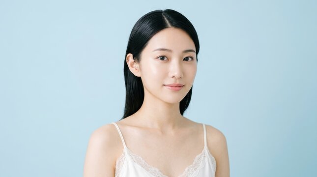 Portrait of a young asian woman with clear skin against a blue background