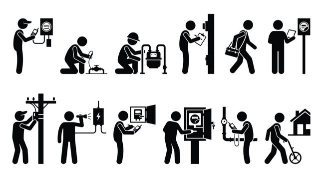 Utility meter reader and technician icons set, including electricity, gas and water meter inspection, maintenance, and data collection