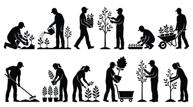 Set of gardening silhouettes, people planting, watering, pruning and taking care of trees and plants