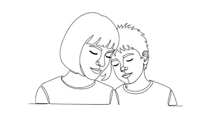 Mother and Son Single Line Drawing: Tender Moment of Love and Connection
