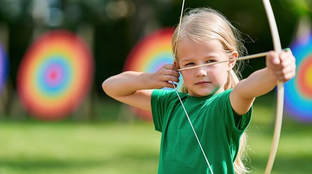 Young girl aiming bow and arrow at colorful targets