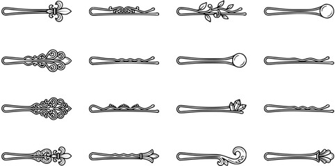 Beauty and Fashion Decorative Bobby Pins and Hairpins Black and White Line Art Vector Icons Set © pixraw