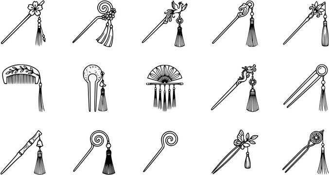 Traditional East Asian Hair Accessories Black and White Line Art Vector Icons Set. Elegant Hanfu Hairpins, Hair Sticks, and Combs for Beauty and Fashion.