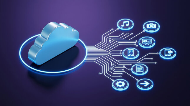 Cloud computing technology concept, 3D isometric cloud storage icon with digital data network, futuristic blue server infrastructure for web hosting
