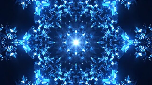 Abstract blue crystal snowflake pattern with glowing light center and symmetrical geometric shapes