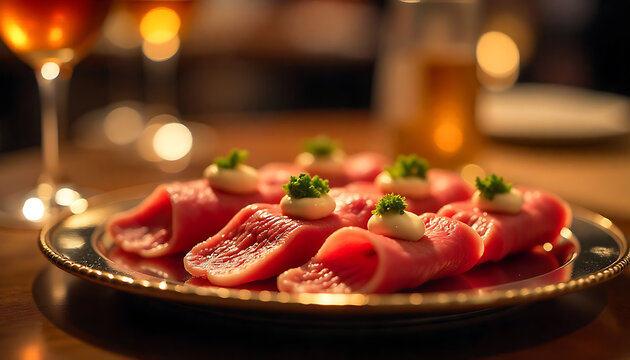Fresh watermelon slices arranged on a plate with mint garnish. Vibrant summer fruit dessert or healthy snack presentation for menus and recipes.