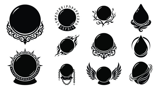 Set of magical crystal balls, fortune teller spheres, mystical orbs with runes, flames, wings, and chains