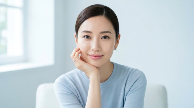 Portrait of a smiling young woman with her hand on her chin
