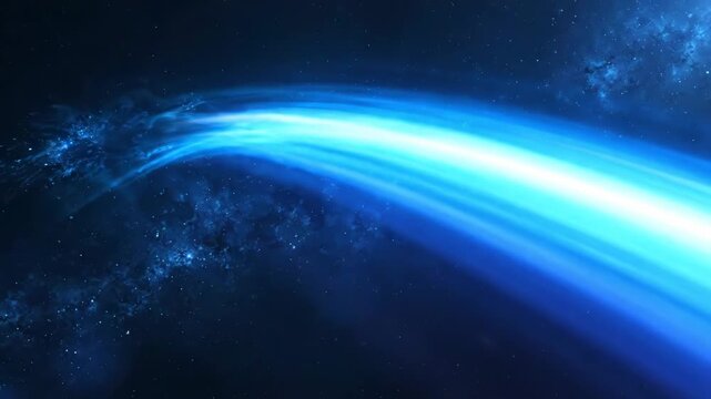 Abstract blue light arc in deep space with glowing energy trail and nebula background