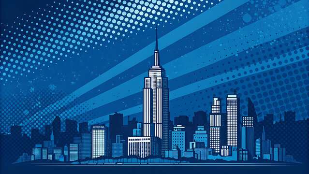 Comic book style illustration of a stylized city skyline