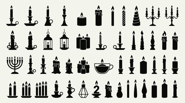 Black silhouette candle icons featuring single sticks, grouped candles, candelabras, lanterns, menorahs, and ornate holders, symbolizing illumination.