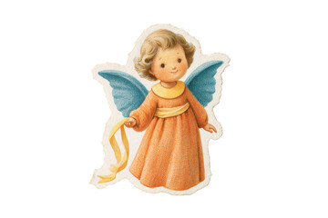 Fototapeta premium Little angel child with blue wings wearing long orange dress holding yellow ribbon in hand