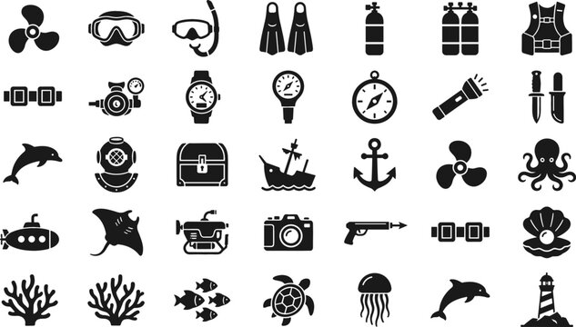 Scuba Diving and Deep Sea Ocean Exploration Icon Set Featuring Underwater Snorkeling Gear, Marine Sea Life Creatures, and Nautical Adventure Vector Symbols
