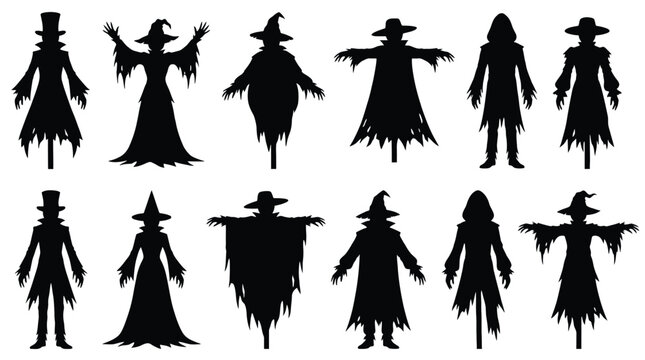 Set of halloween scarecrow silhouettes, spooky figures in hats and tattered clothes, collection of mysterious characters