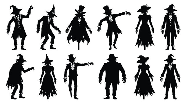 Set of scarecrow silhouettes collection of spooky halloween characters, including witches and mysterious figures in tattered clothing, vector illustration