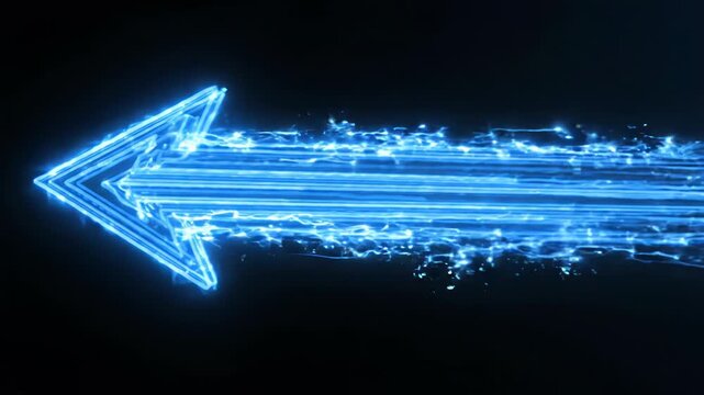 Glowing blue energy arrow symbol moving fast with electric sparks and motion blur