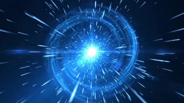 Hyperspace jump with bright blue light tunnel and streaks of stars in motion
