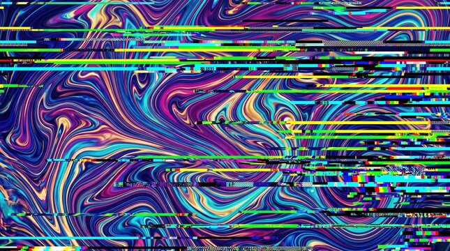 Abstract digital glitch background with colorful distorted lines and liquid wave patterns
