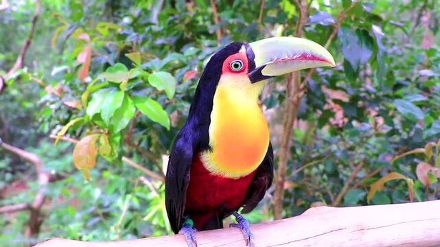 Red breasted toucan colorful bird in tropical nature of Brazil.