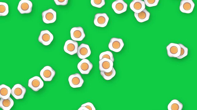 Retro Style Fried Eggs Falling Over Solid Green Background