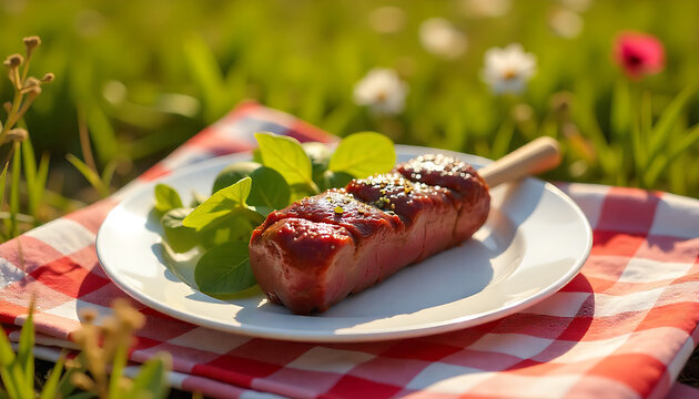 Grilled steak medium rare on white plate with garnish. Premium beef cut isolated with rosemary herbs and seasoning for gourmet dining.