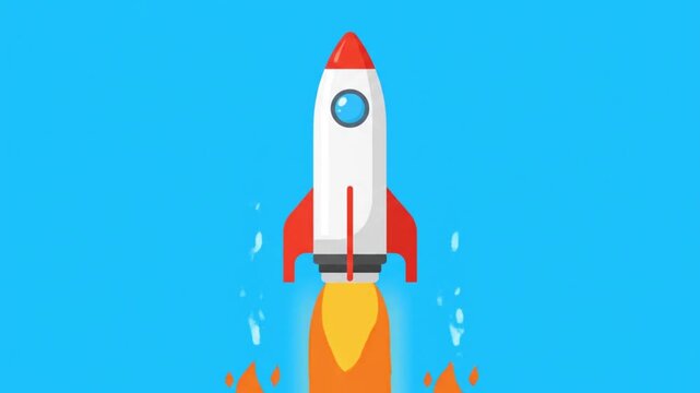 Cartoon Rocket Launching into Blue Sky with Fire and Smoke.