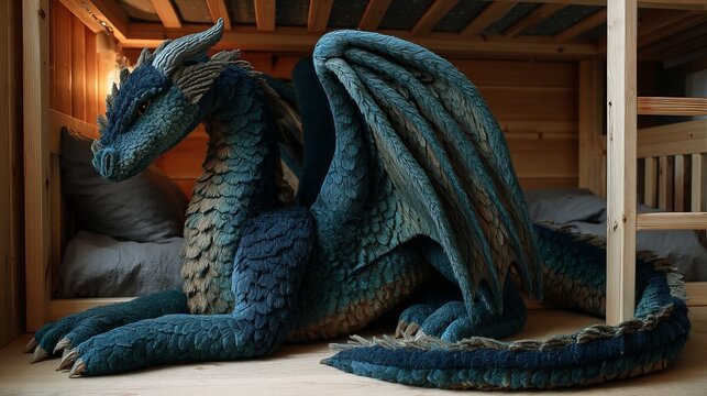 Majestic blue dragon with textured scales resting peacefully inside a cozy wooden bunk bed frame structure