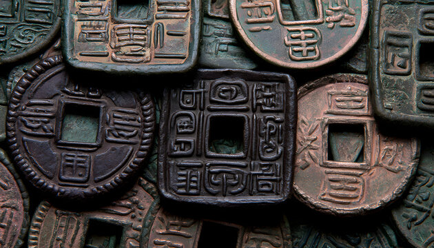 A stack of antique Chinese coins, featuring square holes and intricate designs with an aged patina, holds historical significance and conveys a sense of wealth. Perfect for incorporating into either a