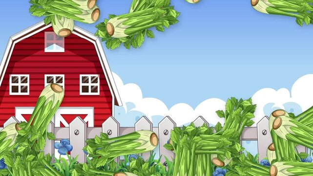Cartoon Celery Falling Over Red Farm Barn and White Fence Background