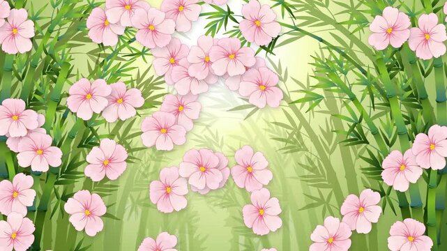 Falling Pink Blossoms and Green Bamboo Stalks Graphic Animation