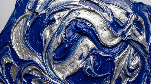 Abstract background with swirling metallic silver and deep dark purple liquid paint mixture