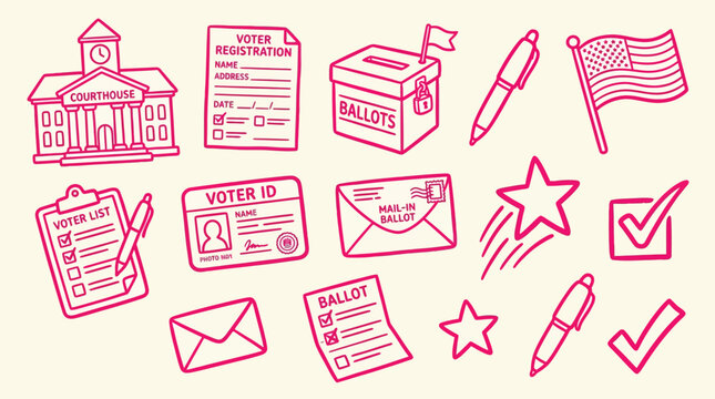 Collection of hand-drawn icons representing voting and elections, including a courthouse, ballot box, and voter ID.