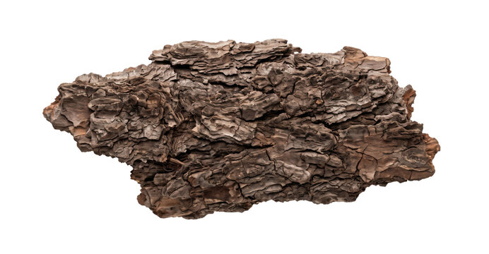 Fragment of deeply cracked brown forest tree bark isolated on transparent background.